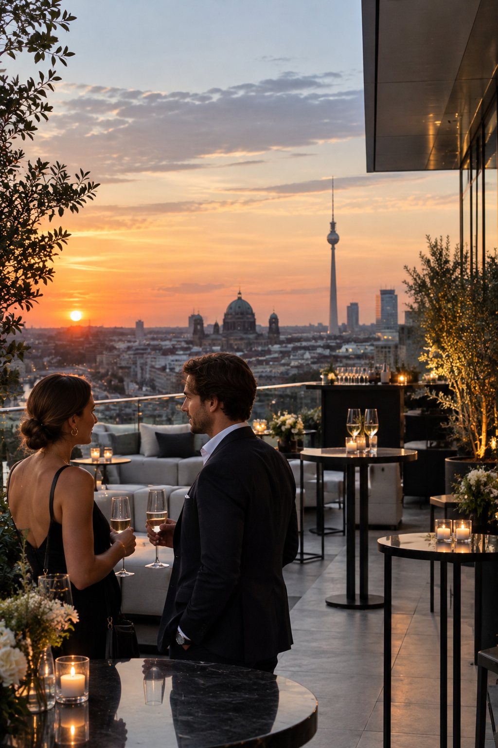 Rooftop-Empfang über Berlin bei Sonnenuntergang